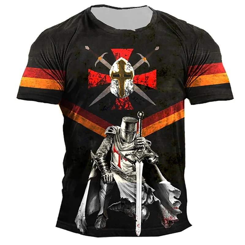 

Cotton T-shirt Men's Short Sleeve Shirt Vintage Templar Graphic Print T-shirt Casual Button Oversized Clothing High Quality Tops