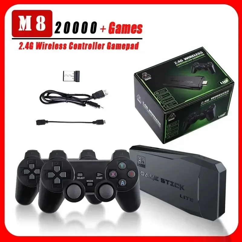 Video Game Console M8 + 64 Built-in 20000 + 64GB Two-person Wireless Controller 2.4G Stick 4K HD PS1 GBA for Children's Christmas Gift