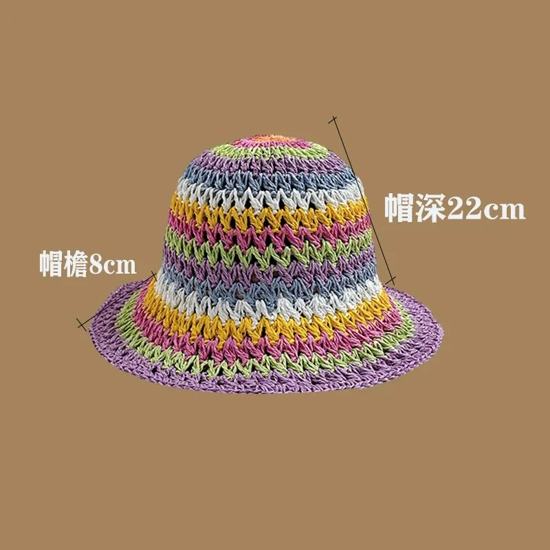 Summer Rainbow Striped Bucket Hat Woman Crochet Beach Fisherman Hat Foldable Handmade Weave Sun Female Panama