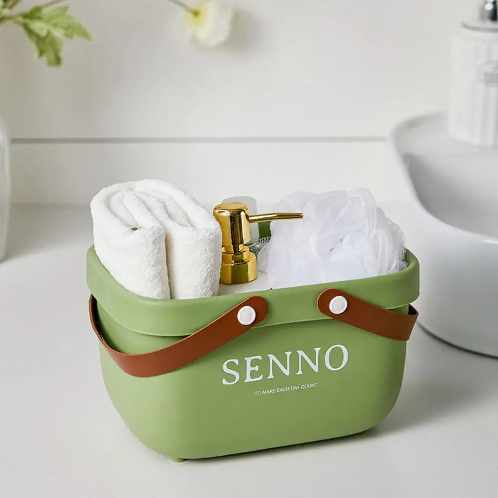 

Plastic Hand-held Bath Basket with Leather Handle Large Capacity Bath Drain Basket Green/White Sundries Collection Basket