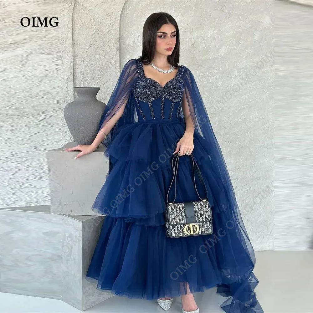 

OIMG A-line Blue Sequins Evening Dresses Gowns Glitter Tulle Tiered Robes De Soirée Dubai Shiny Vestidos De Gala Party Dresses