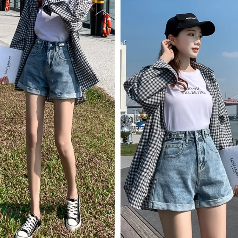 데님 여성용 하이웨이스트 와이드 레그 반바지, 조절 가능한 벨트와 밑단 달린 루즈한 여름 핫팬츠, 패션 브랜드