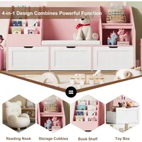 Kids Bookshelf, Toy Storage Organizer with Seat Cushion and 3 Movable Drawers, Kids Reading Nook Toy Organizers and Storage 2