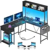 L Shaped Gaming Desk with LED Strip & Power Outlet, Storage Shelf & Drawer, Storage Bag, Reversible Corner ffice Computer Desk 1