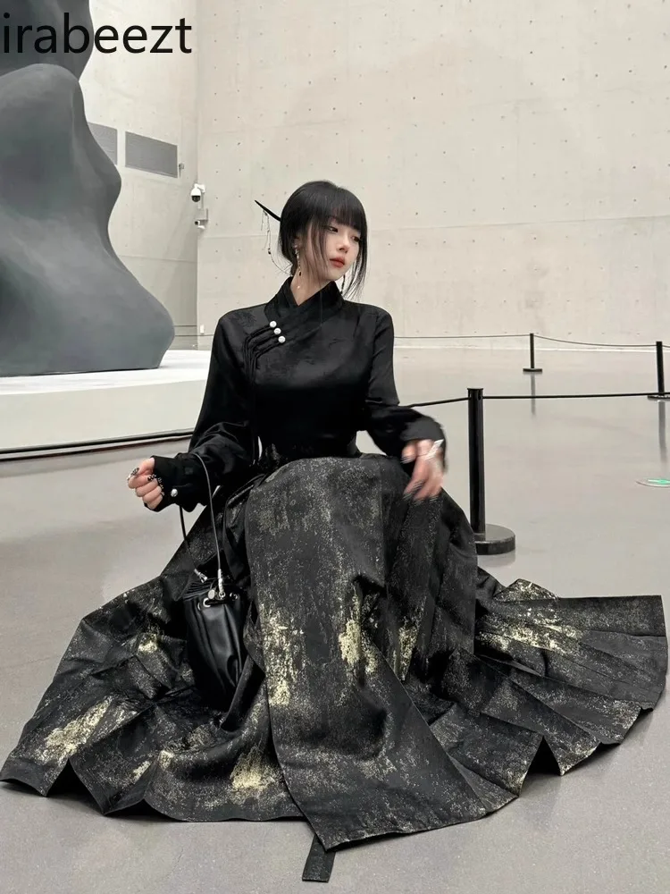 New Spring Chinese Daily Black Advanced Sense Horse Skirt Suit Woman National Style Top Chinese Clothes for Women