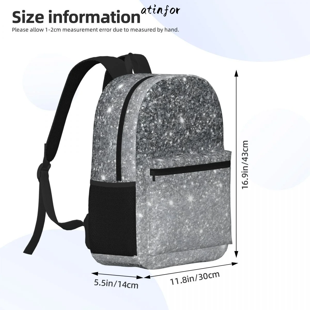 atinfor Modern Grey Glitter Sparkles Printing Women Backpack Student Bookbag School Bag for Teenage Girl Book Bag 4