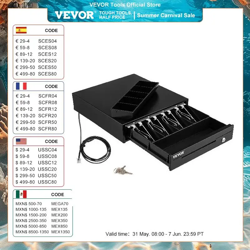 VEVOR Cash Register Drawer 16" 12 V for POS System Tray Removable Coin Compartment & 2 Keys Included RJ11/RJ12 Cable Drawer