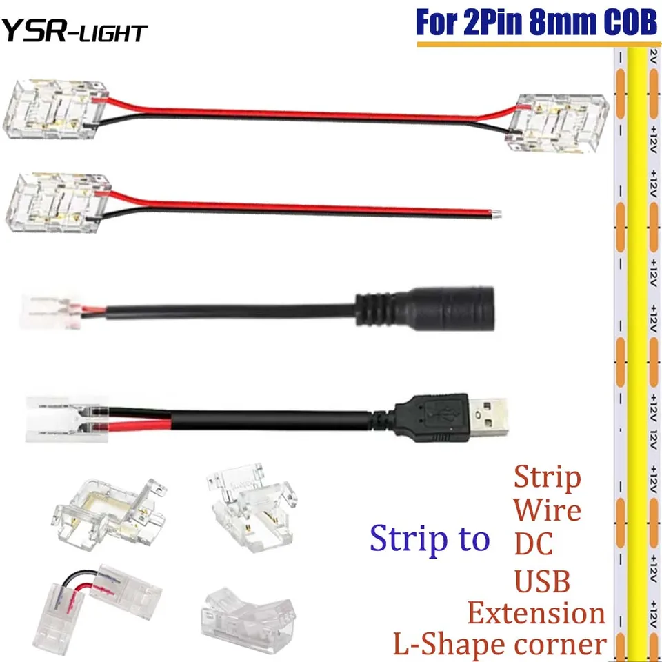 2 Pin 8mm Cob LED Strip Connectors Kit, Cob Strip naar Draad Snelle Verbinding Zonder Strippen, Inclusief Dc Vrouwelijke Input en 20ft 2-Pin Verlengkabel