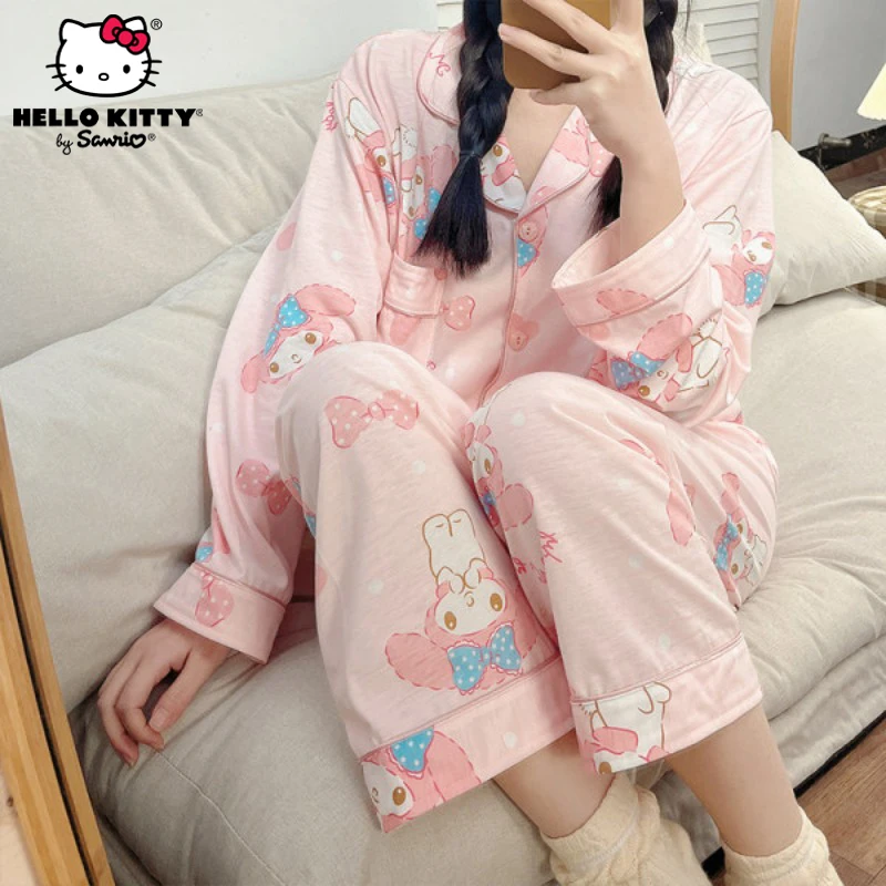 

Пижамный комплект Sanrio My Melody с длинным рукавом, хлопковый комплект с милыми мультяшными розовыми сердечками для девушек, длинные штаны для студентов, домашняя одежда, осенняя одежда для дома