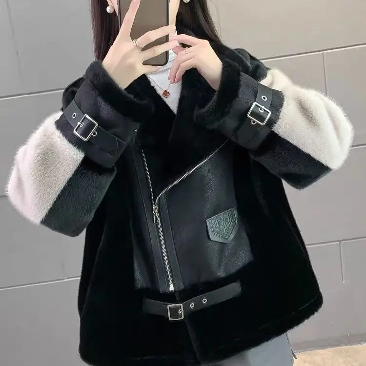 New Autumn Winter Fur One Motorcycle Short Jacket Outwear Women's Stitching Contrast Color European Mink Fleece Motorcycle Coat