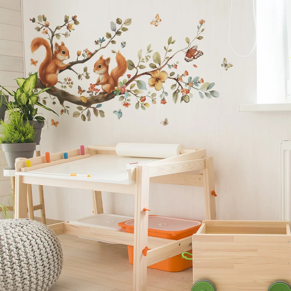 Forest Squirrels Climbing Tree Branch Wall Sticker Cute Animals Butterfly Decals for Living Room Bedroom Nursery Wall Decoration
