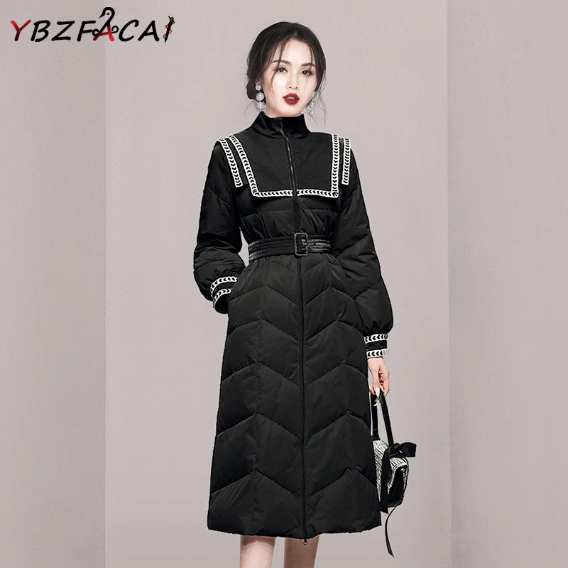

Black Cotton Clothes Winter Women 2022 Turtleneck Lantern Sleeve Navy Wind Down Dress European Long White Duck Down Coat Luxury