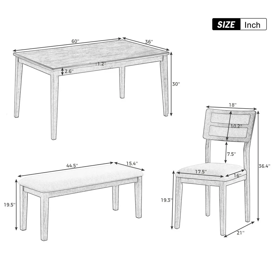 6 Piece Dining Set, 1 Dining Table, 4 Upholstered Chairs & Bench Classic Traditional Style living room furniture(White+Gray)