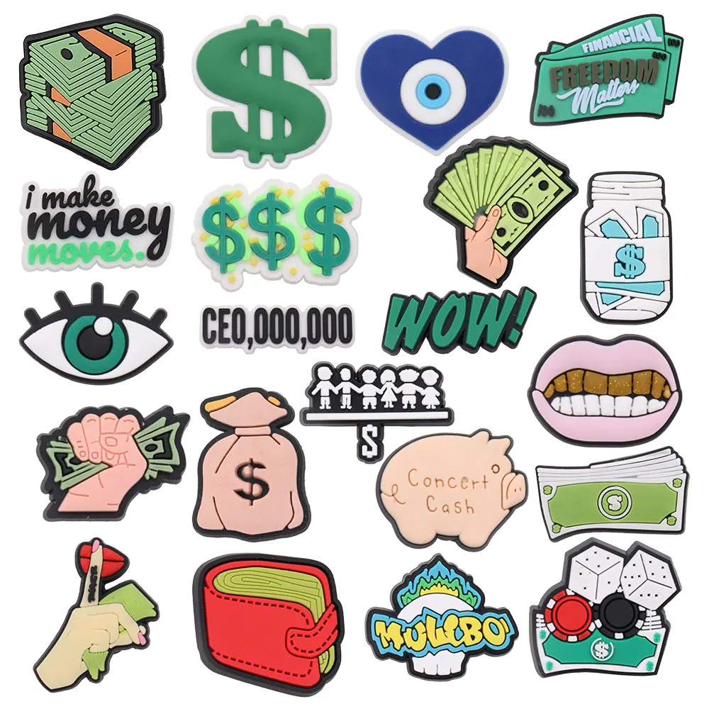 

New 1pcs PVC Croc Charms Money Bag Financial Freedom Matter Wow Dollar Slippers Shoe Decoration Buckle Clog DIY Wristbands