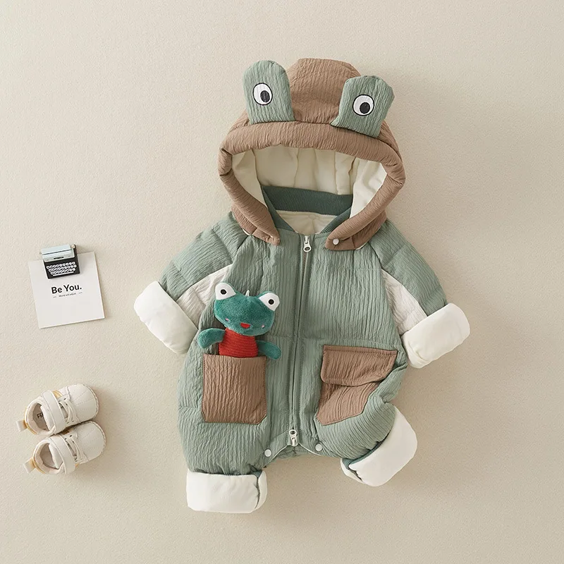Winter Baby Boys Down Jacket Jumpsuit White Duck Down Thickening Newborn Boys Climbing Suit Cartoon Frog Infant Boy Romper