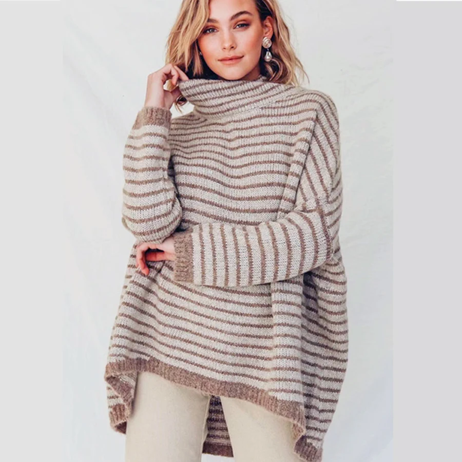 

TEELYNN Pullover for Women 2022 Winter Khaki Stripe Women's Sweat Turtleneck Long Sleeve Warm Sweater Boho Loose Mohair Sweaters