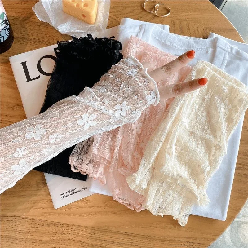 1Pair Women Lace Hollow-Out Fingerless Gloves Mesh Breathable Sun Protection Sleeves Summer Driving Cycling Thin Sleeve Mittens