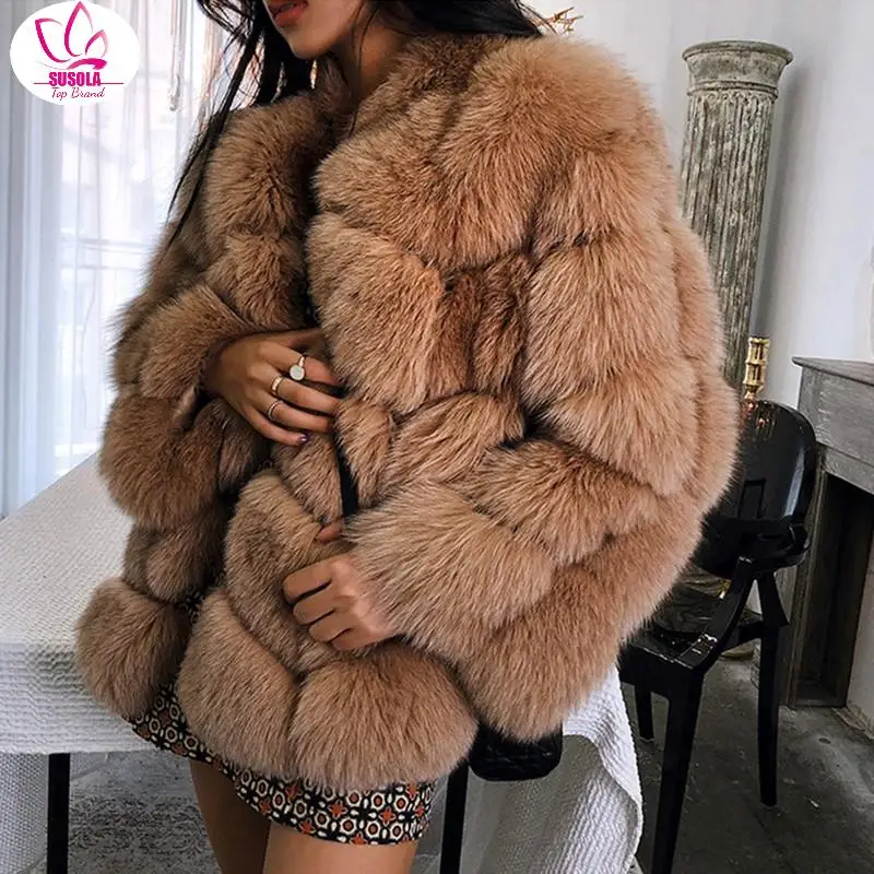 

SUSOLA Lady Autumn Winter New Faux Fur Coat Long Section Stitching Fox Fur Coat Large Size Coat