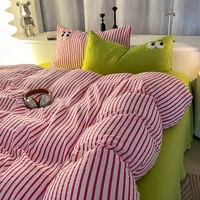 Parure de lit en coton lavé à rayures, taie d'oreiller, drap, linge de lit simple, pleine taille, housse de couette, lit Double simple Queen/King 2
