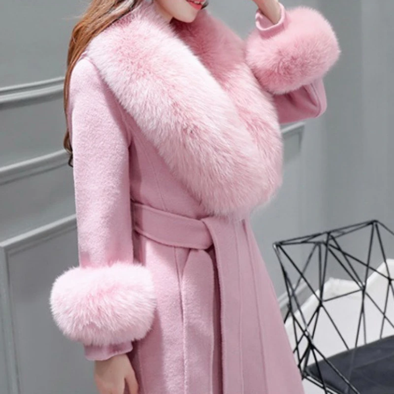 2023 Winter New Women Temperament V-neck Long Woolen Overcoat Female Fashion Solid Color Casual Detachable Fur Collar Outwear