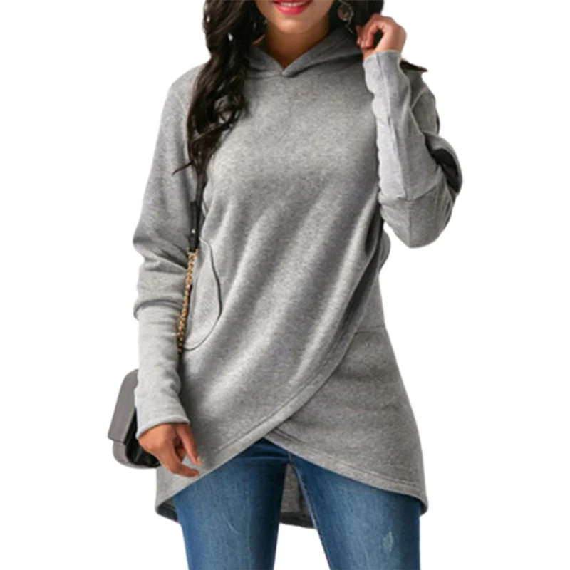 Autumn Winter Warm Two Pocket Splicing Hooded Sweatshirt Female Daily Casual Loose Hoodie Women's Long Sleeve Irregular Hem Tops