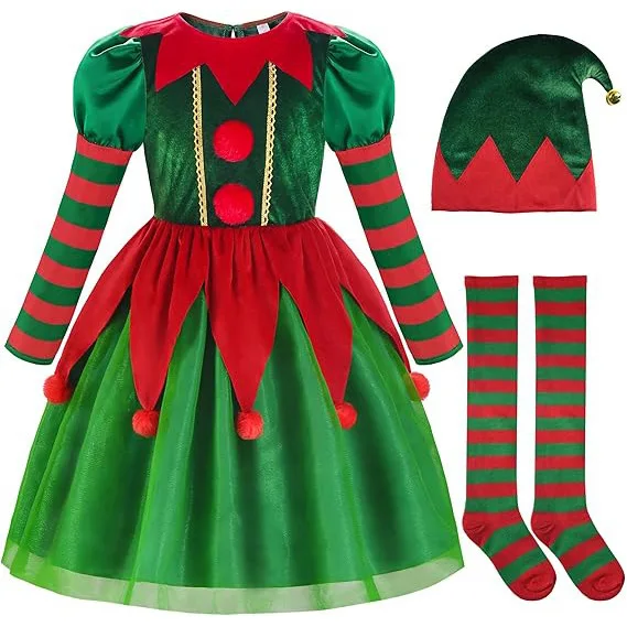 Cosplay Christmas Elf Costumes For Girls And MOM Family Matching Dress Hat Socks Shoes Belt Two-Pieces Sets Girls Holiday Gift