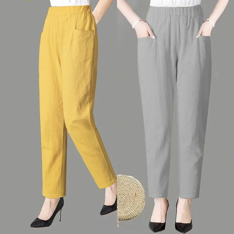 Large Size Korean Casual Thin Cotton Linen Pants Women Spring Summer Elastic Waist Ankle-Length Pants Woman Harem Trousers