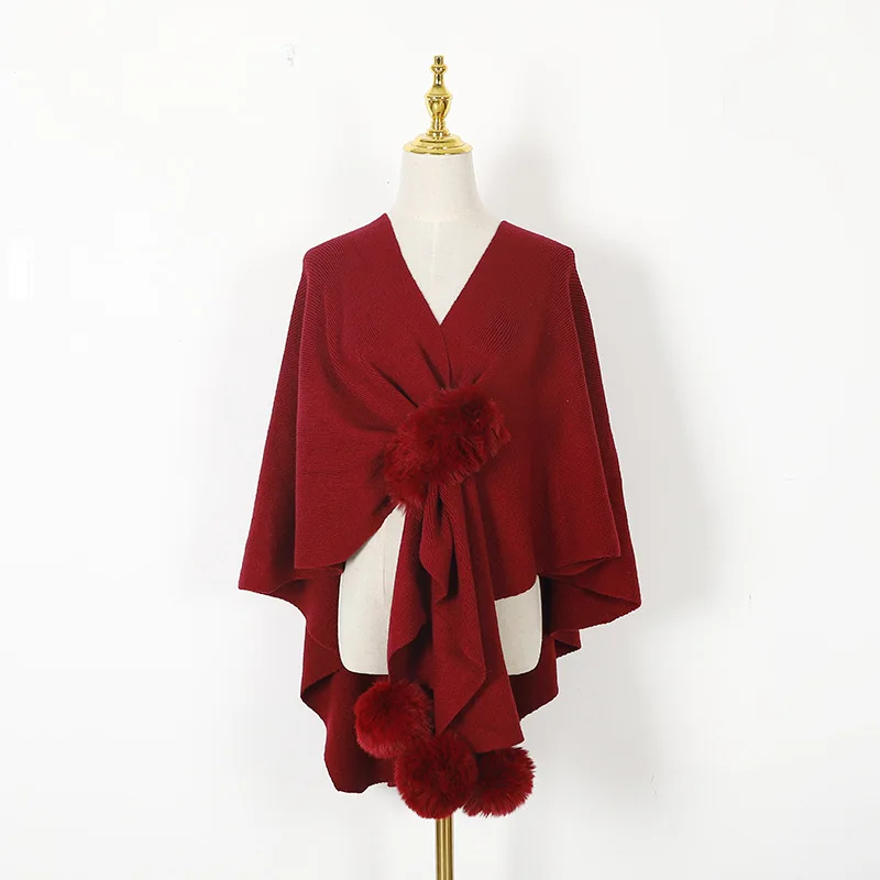 

Imitation Wool Ball Hanging Cardigan Autumn Winter Women's Coat Fashion Street Shawl Poncho Lady Capes Red Cloaks