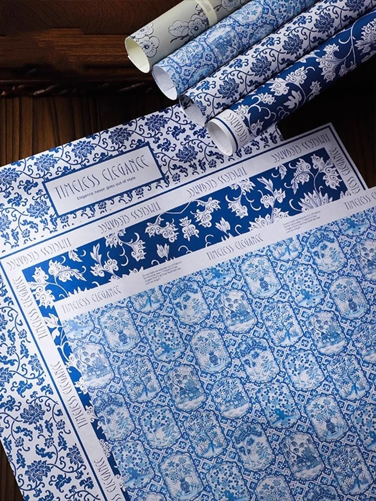10pcs 58*38cm Blue and White Porcelain Pattern Packaging Paper Plant Pattern Packaging Papers Thickened Flower Packaging Paper