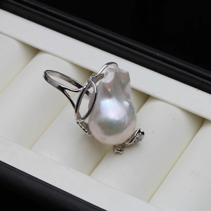 100% Real Freshwater Natural Baroque Pearl Ring For Women,wedding Adjustable Big Pearl Ring Female White