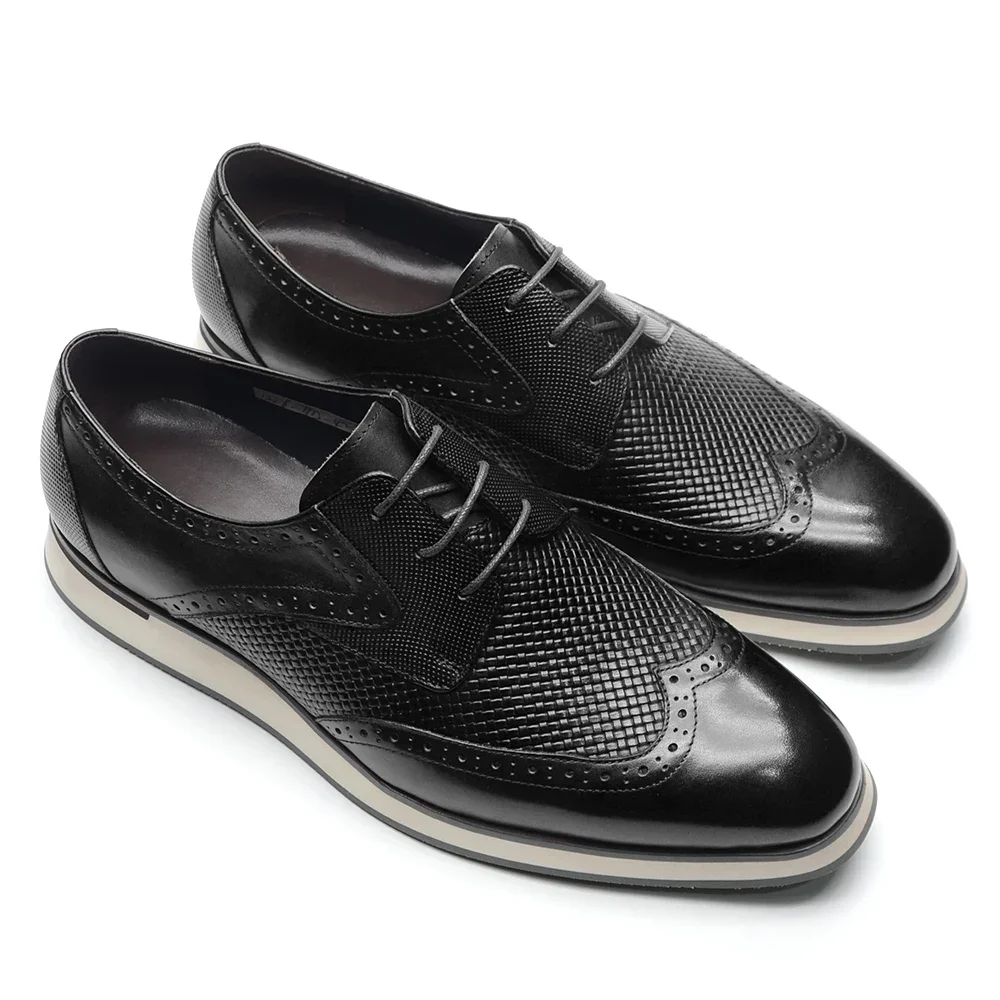 XEBOS Genuine Leather Men's Casual Derby Shoes 3-eyelet Lace-up Wing Tip Brogue Weave Print Sneakers Oxford Daily Footwear Male