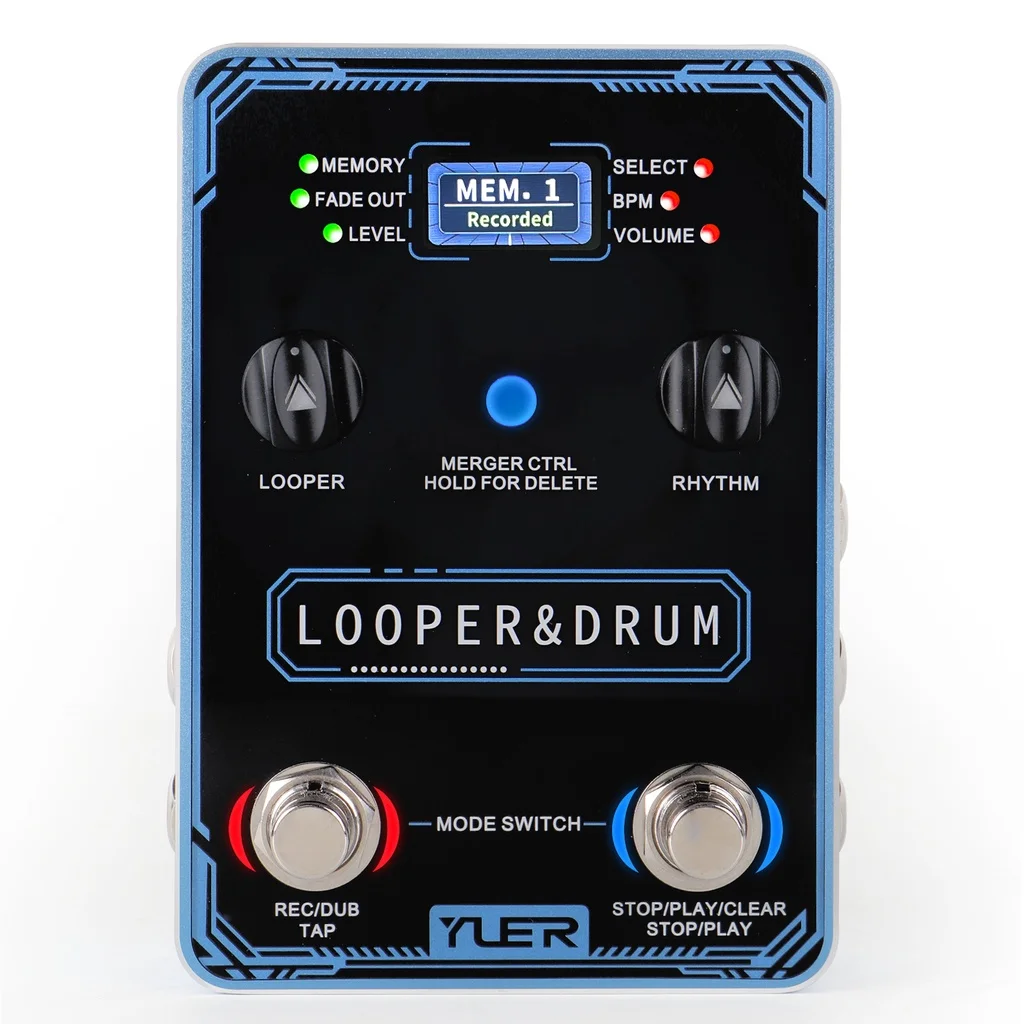 YUER-Looper Drum Machine, pedał gitary elektrycznej, pętle frazy i bęben, 40 przechowywania, 100 rytmów perkusyjnych, 10 metrów, Gui