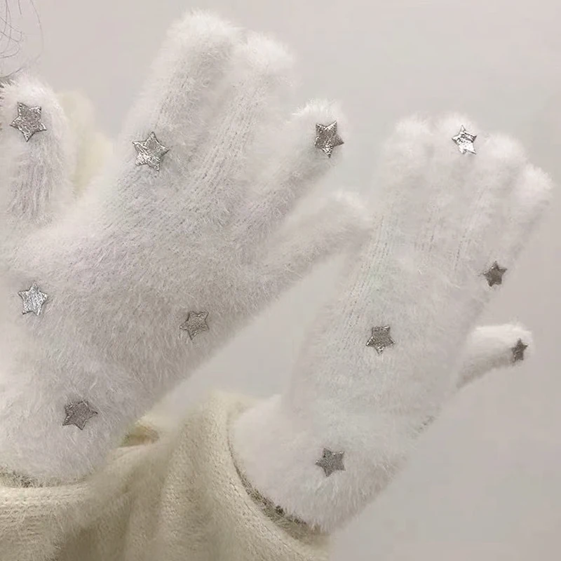 

Women Kawaii Mink Velvet Snowflakes Warm Gloves Star Mittens Full Finger Touch Screen Windproof Thickened Winter