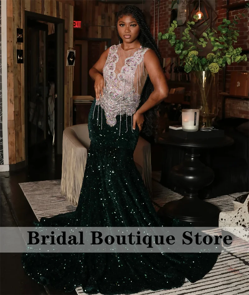 

Sparkly Dark Green Prom Dresses 2024 For Black Girls Gliter Beads Rhinestones Tassels Sequins Gown Party Gown Evening Gown