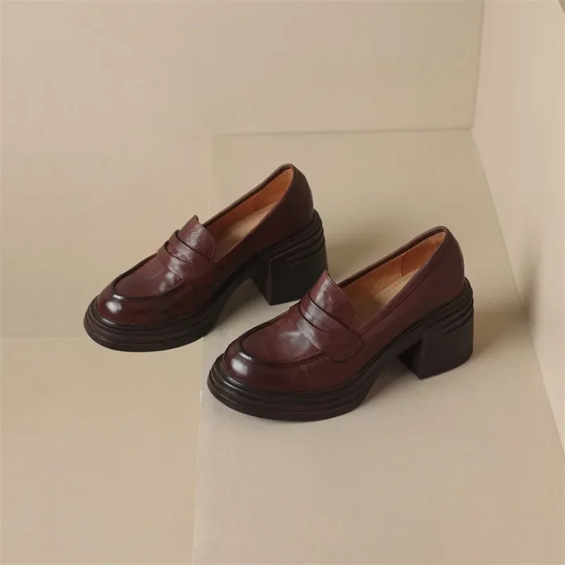 Women Leather Platform Loafers Fashion Slip on Chunky Shoes Retro Style Female Officel Pumps Moccasins Women's Mary Jane Shoes 2