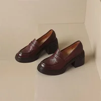 Women Leather Platform Loafers Fashion Slip on Chunky Shoes Retro Style Female Officel Pumps Moccasins Women's Mary Jane Shoes 2