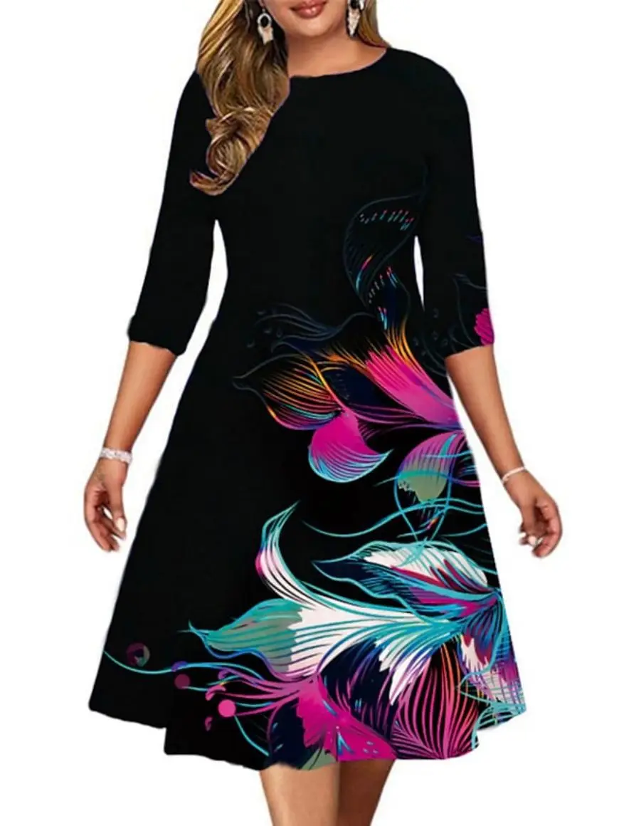 

2024 Autumn Women Colorful Dress Knee-Length Slash-Neck Printed Skirt Half Sleeves Polyester A-Line Dress for Dinner Party