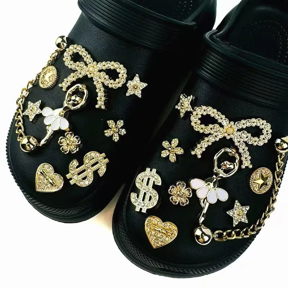 20PCS Schuh Charms Set Ballett Mädchen Gold Strass Herz-förmigen Bogen Schuh Dekoration Schnalle für Sandalen Clogs DIY zubehör Geschenk – Detail 1