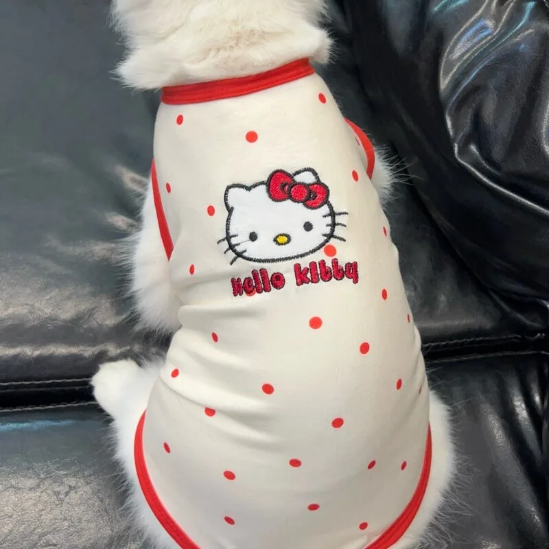 헬로키티 물방울무늬 탱크탑 (고양이, 소형견용), 자수 장식 통기성 털빠짐 방지 민소매 봄 여름 애완동물 셔츠