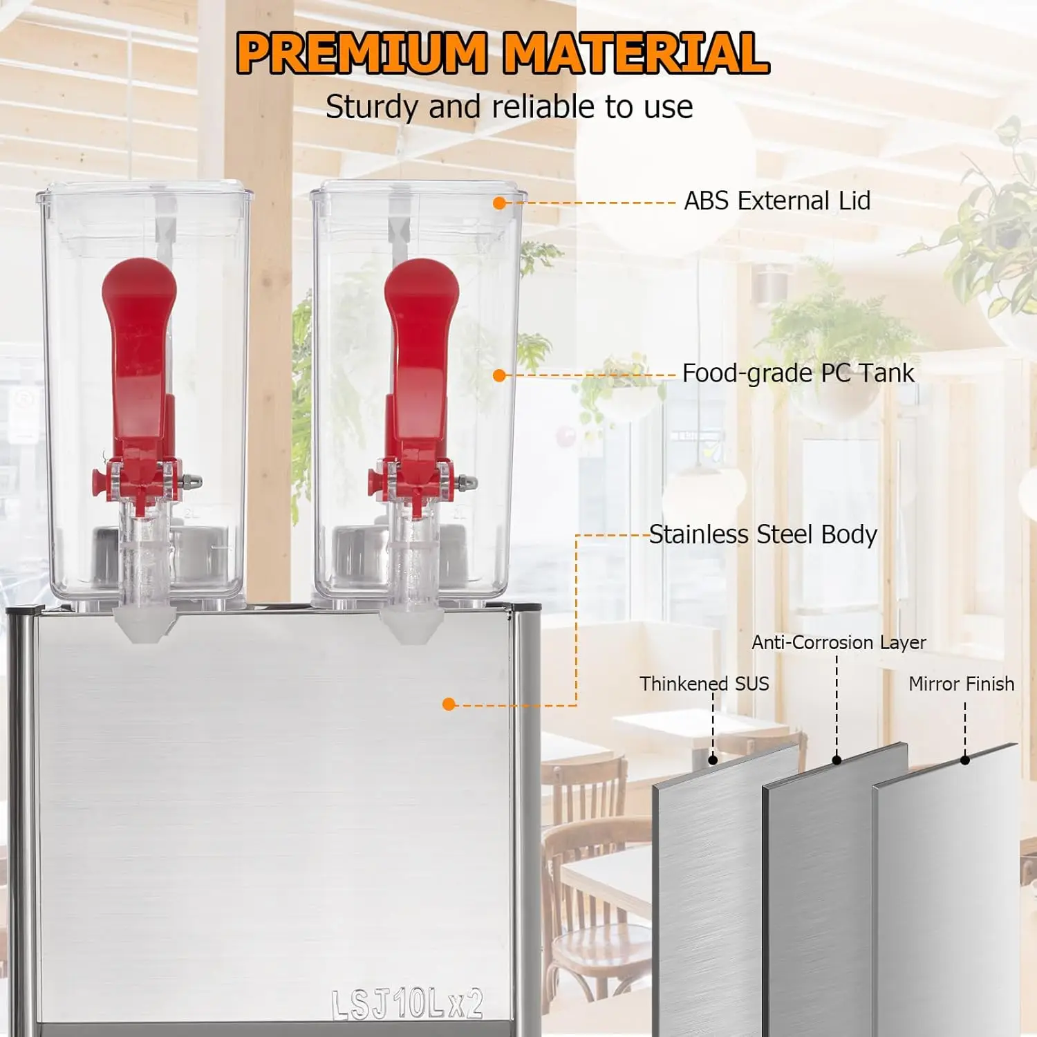 Commercial Beverage Dispenser, Towallmark 2 Tanks 5.28 Gallon 20L Commercial Juice Dispenser, 10 Liter Per Tank, 280W 6