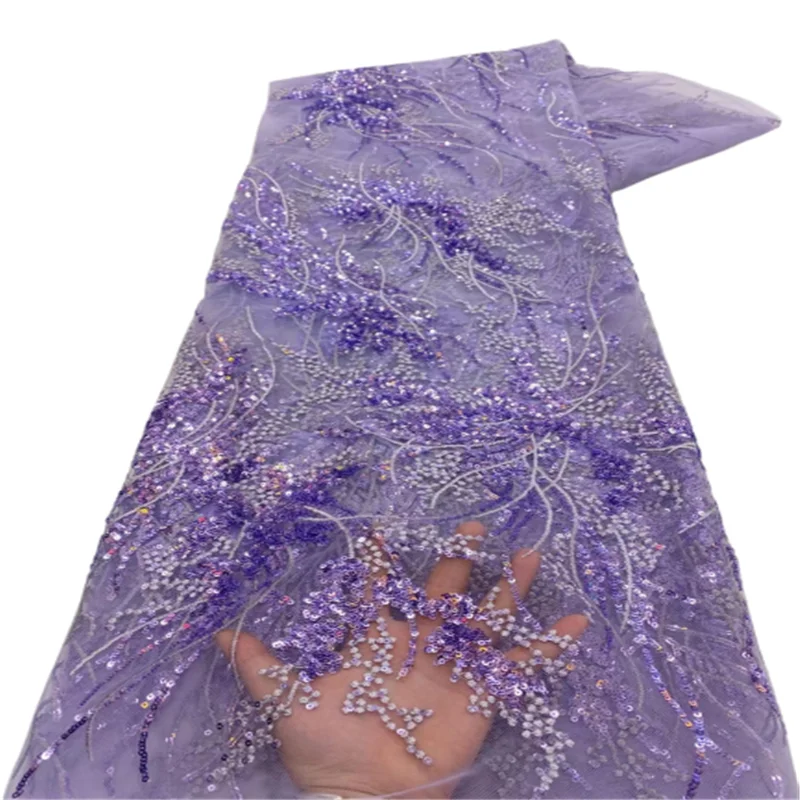 

New Velvet 3D Sequin African Lace Fabric 2023 Embroidered high quality Purple Nigerian velvet French tulle lace fabric lace