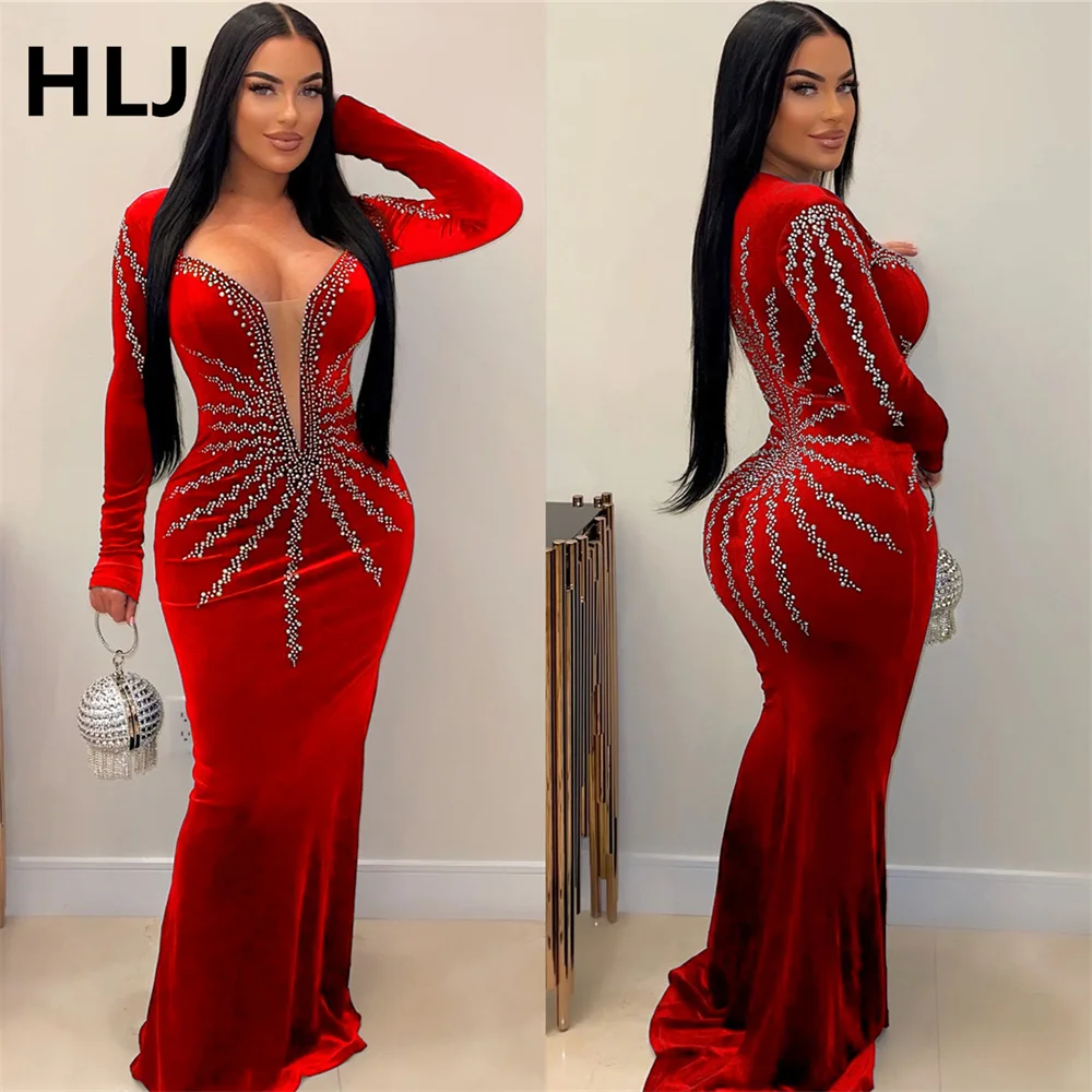 

HLJ Fashion Pearls Rhinestones Deep V Bodycon Party Club Dresses Women Round Neck Long Sleeve Velvet Vestidos Sexy Mermaid Dress