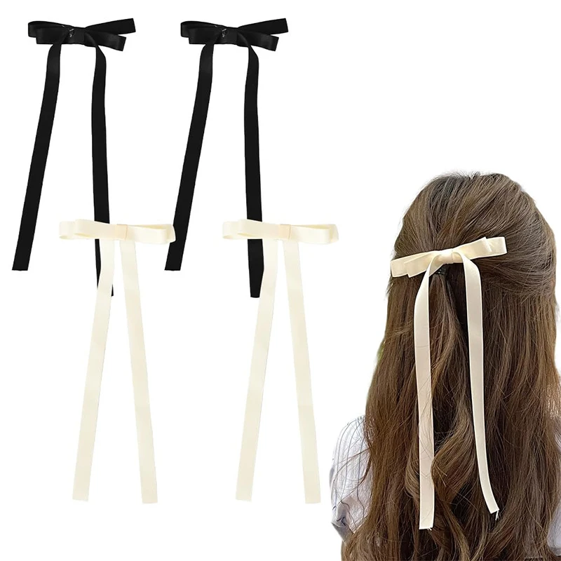 

10pcs Ribbon Bow Hair Clips With Long Tail Beige Hair Ribbon Ponytail Holder French Hair Barrette Girl Accessories Wholesale
