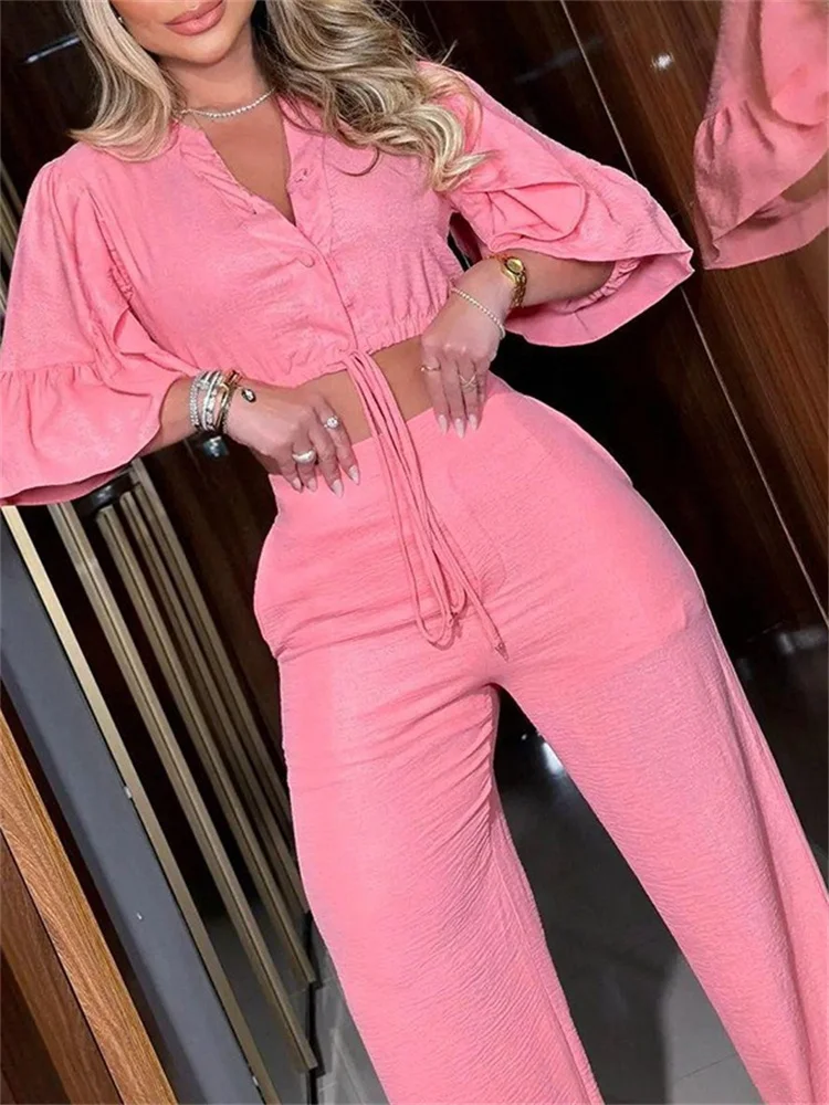 Wmstar Two Piece Set Women Summer Fashion V Neck Flare Sleeve Lace Up Top Wide Leg Long Pants Casual Set Wholesale Dropshipping