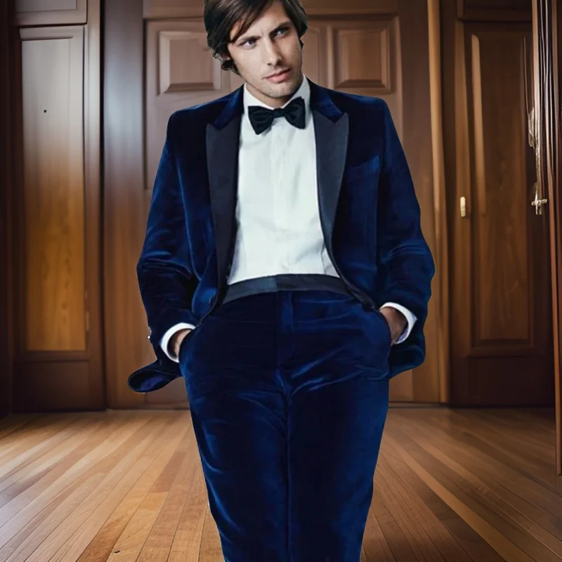 

Бархатные мужские костюмы, облегающий свадебный смокинг с отложным воротником для жениха, 2 шт., королевский синий мужской модный блейзер (куртки + брюки) 2024