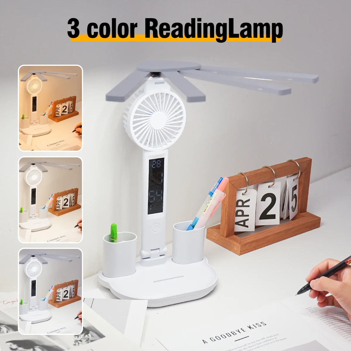 3in1 Multifunction Table Lamp LED Four-headed Folding With Fan Calendar Clock USB Rechargeable Desk light 3 color Reading Lamp 3