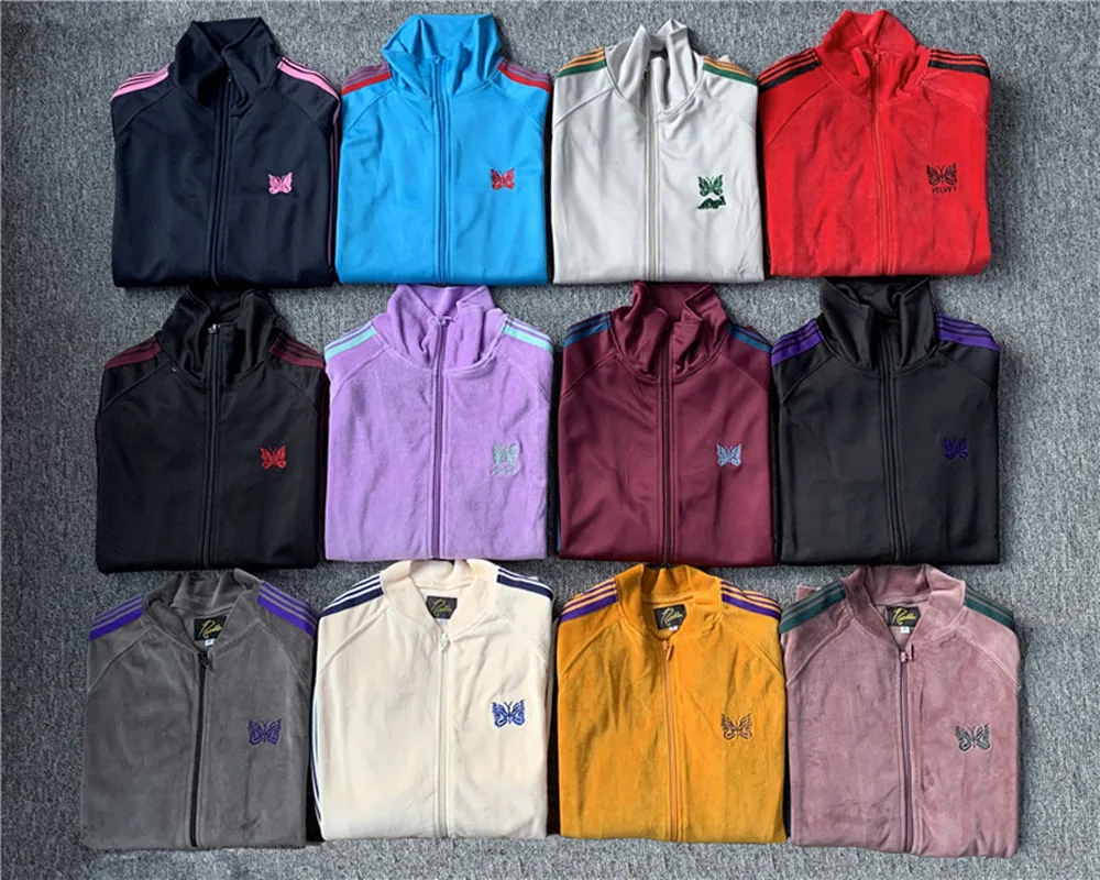 

Men Women Top Quality Streetwear AWGE Long Sleeve Jacket Red Stripes NEEDLES Coats Butterfly Embroidery Needles AWGE Jackets