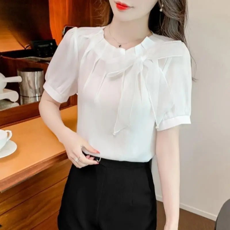 Women Clothing Summer New Bow Patchwork Pleated Korean Blouse Short Sleeve Solid Color Loose Sweet Shirt Tops Fashion Elegant