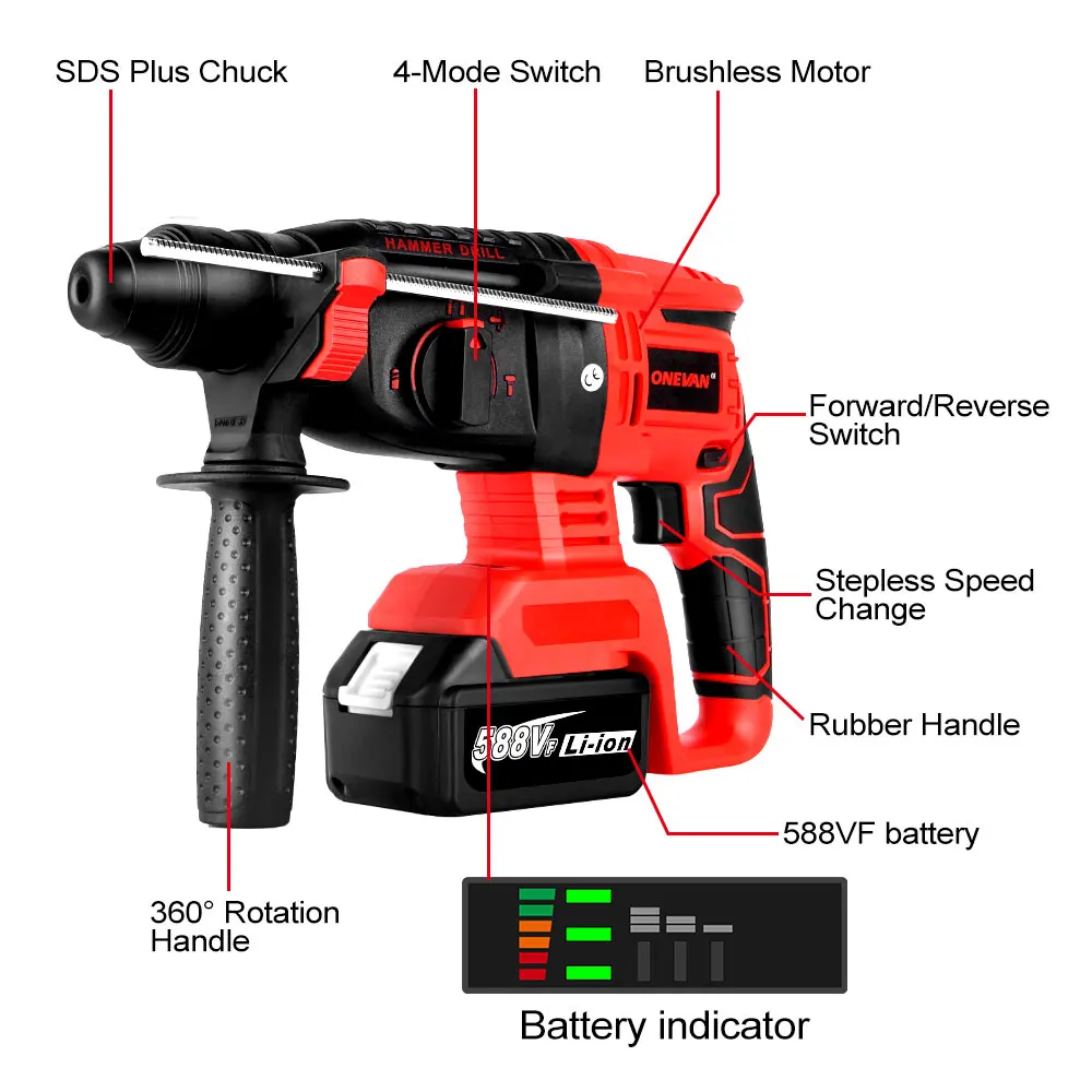 2000W Brushless Electric Hammer Drill 4 Function 3200rpm Cordless Rechargeable Hammer Impact Drill For 18V Makita Battery electric hammer drill electric jackhammer electric grinder drill