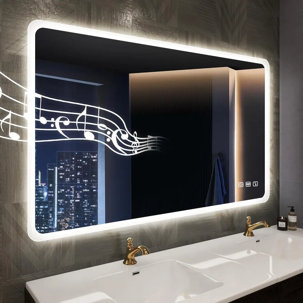 40 "x28" led bathroom mirror, wall-mounted Bluetooth speaker, anti-fog, 3 color temperature,adjustable brightness,tempered glass